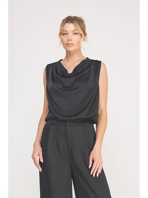 Black satin draped-neck sleeveless top - product image 1