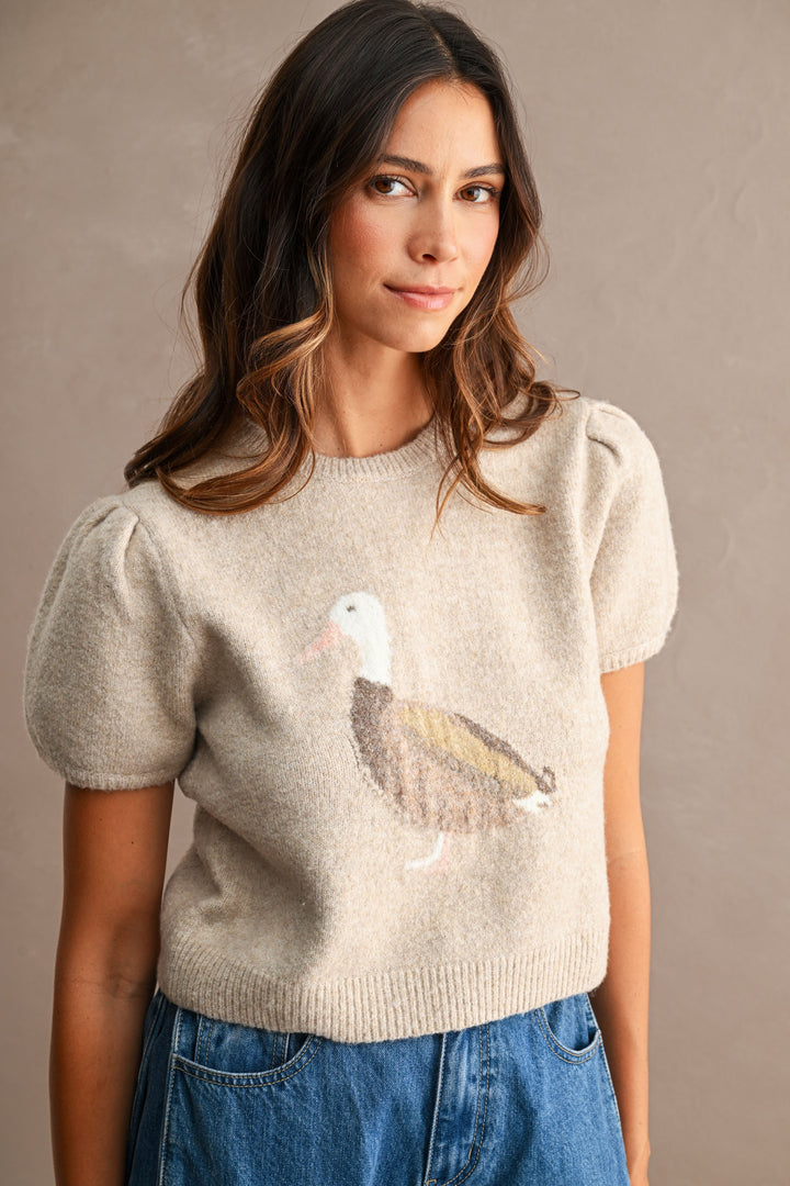 Model wearing mocha duck-graphic cropped sweater