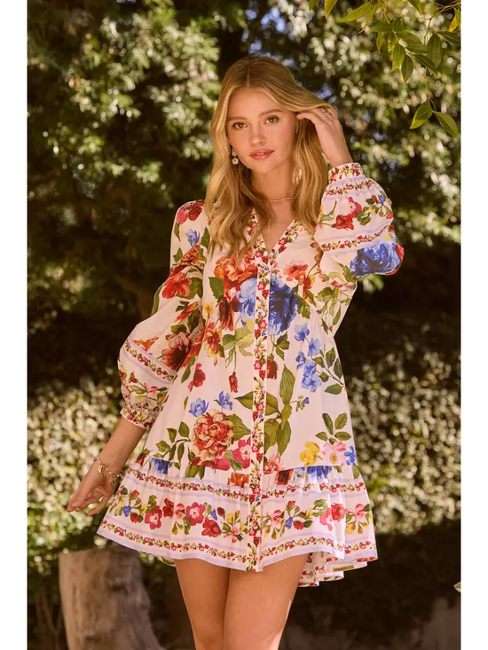 FLORAL BORDER MINI DRESS