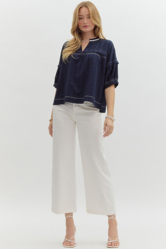 Navy Blouse with White Stitch Detail