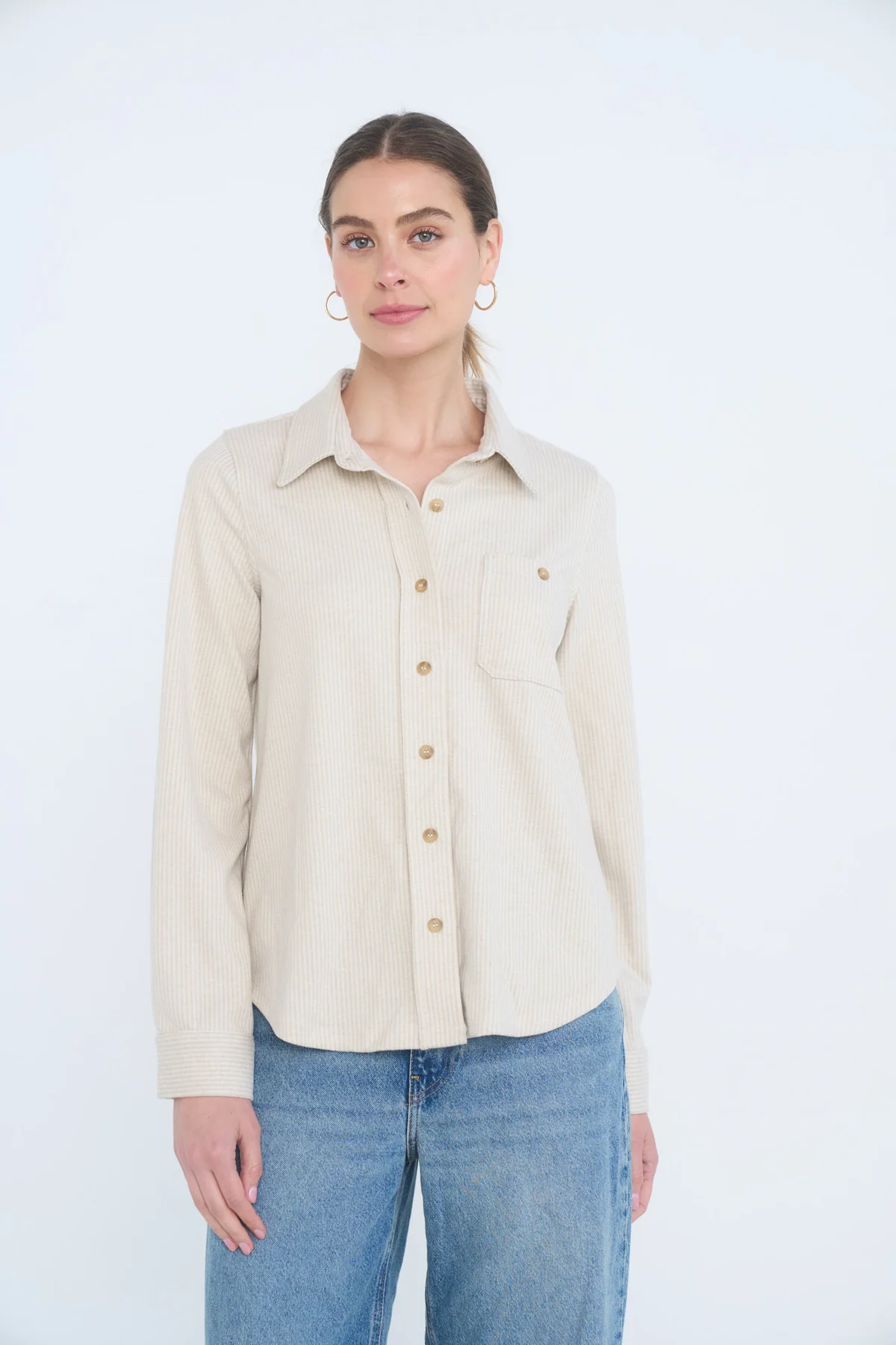 Oatmeal textured collared button-down top, front view