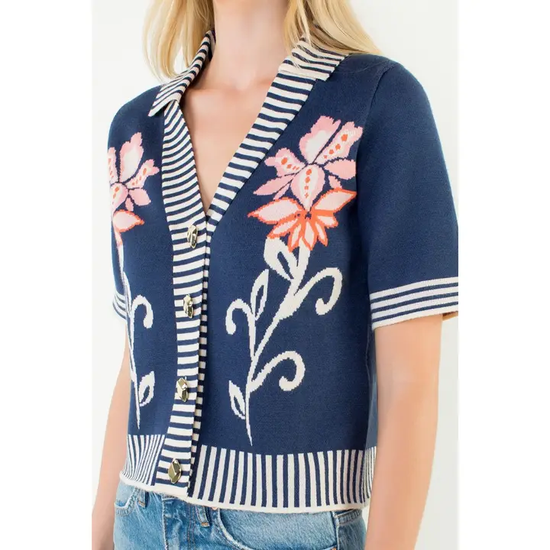 FLORAL JAQUARD STRIPE TRIM KNIT  TOP