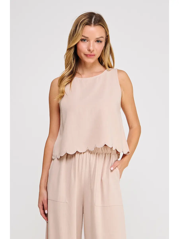 LINEN SCALLOP HEM TANK