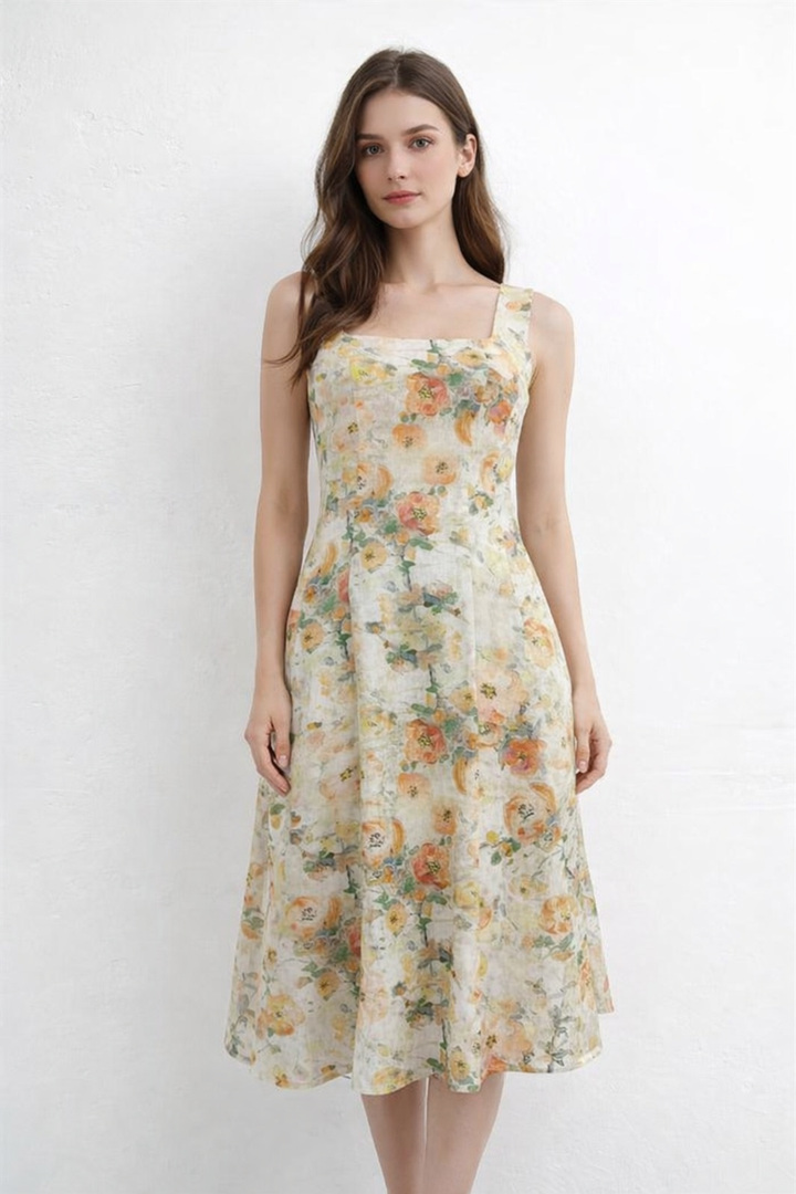 SQUARE NECK ALINE MIDI DRESS
