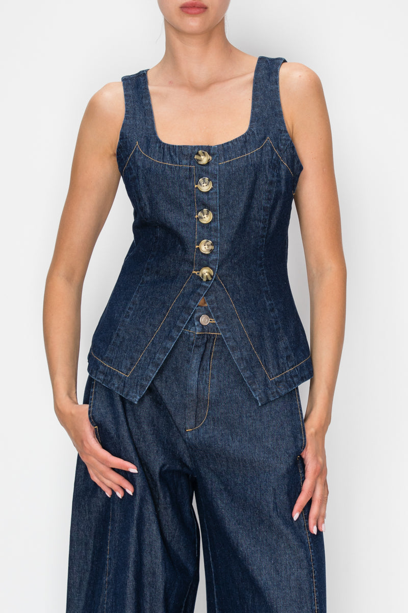 Dark-wash tie-back vest top with square neckline and button front