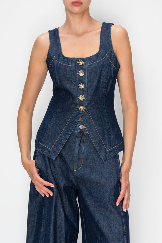 Dark-wash tie-back vest top with square neckline and button front