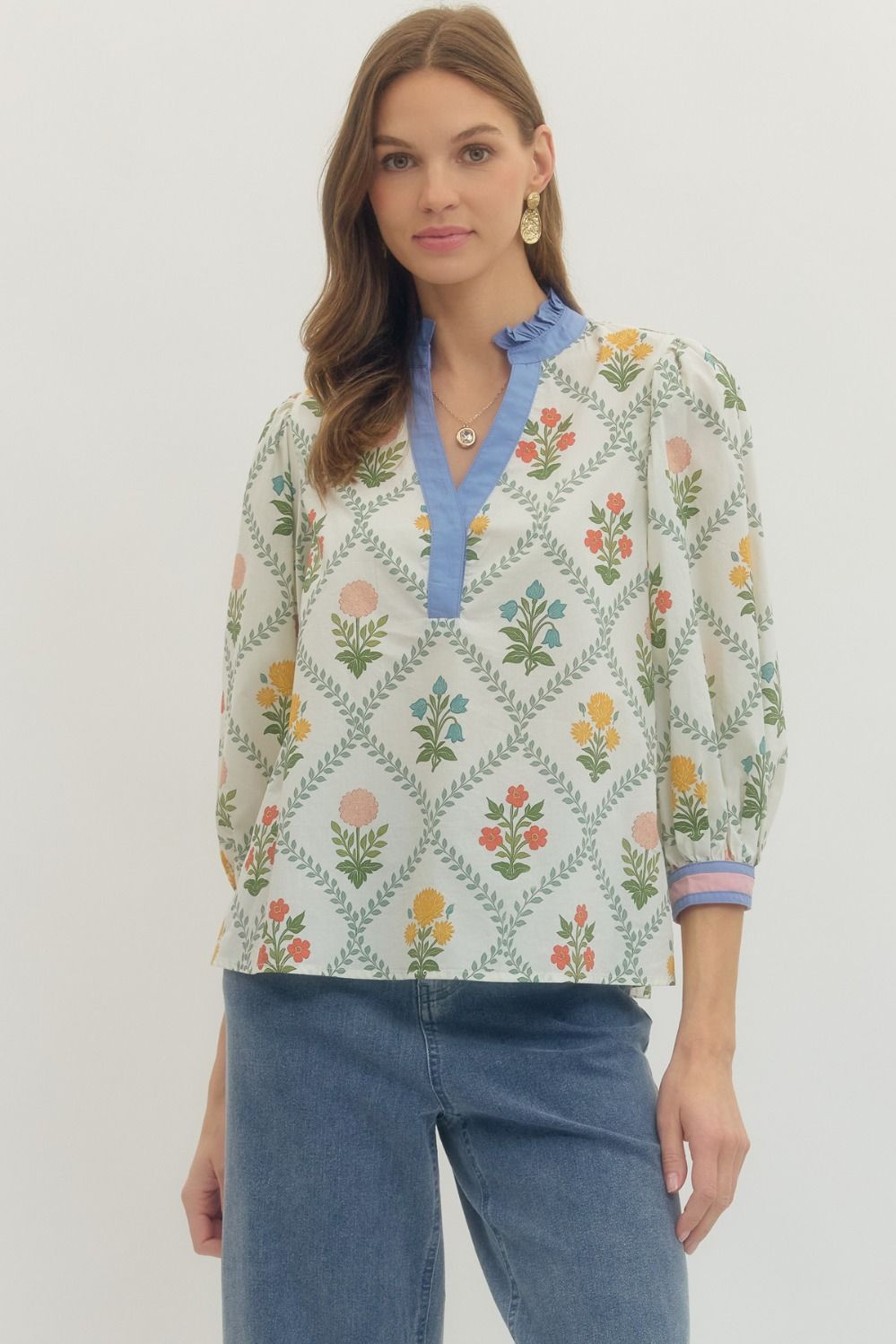 RUFFLE TRIM FLORAL TOP