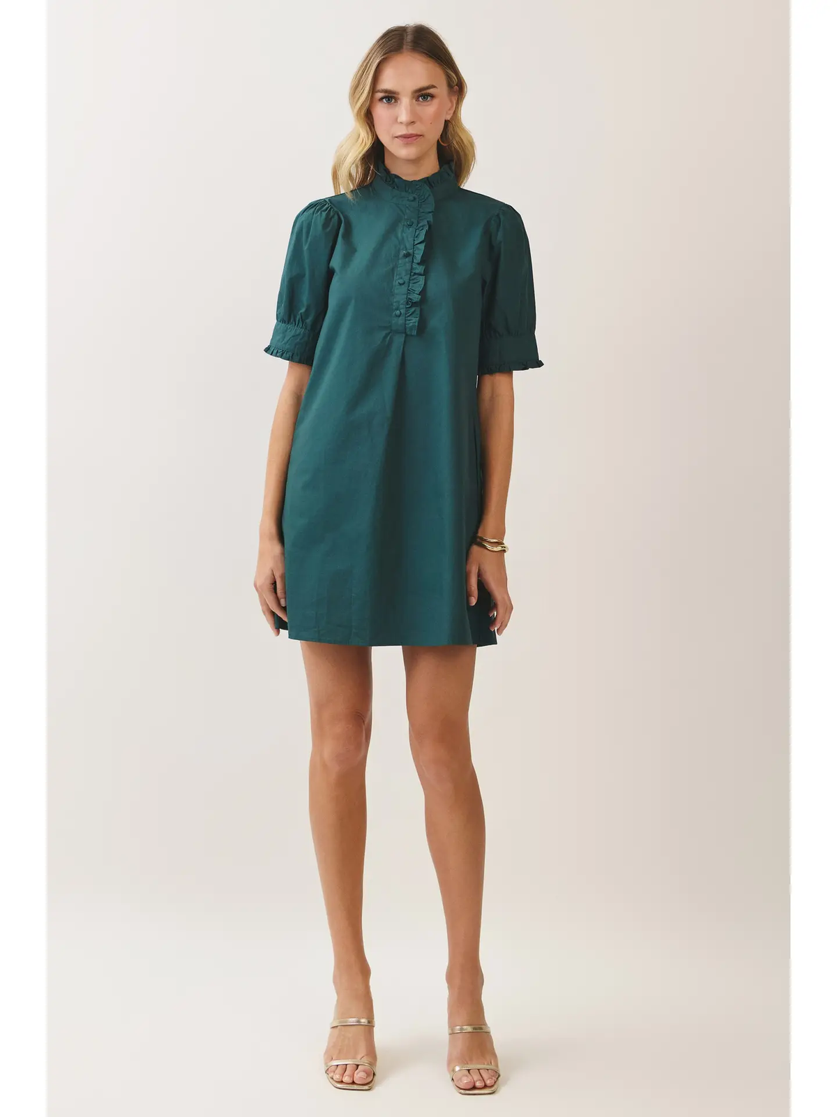 Hunter-green ruffle-collar puff-sleeve mini dress - full-length view