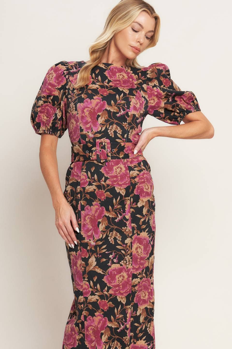 Floral Puff-Sleeve Pencil Midi Dress