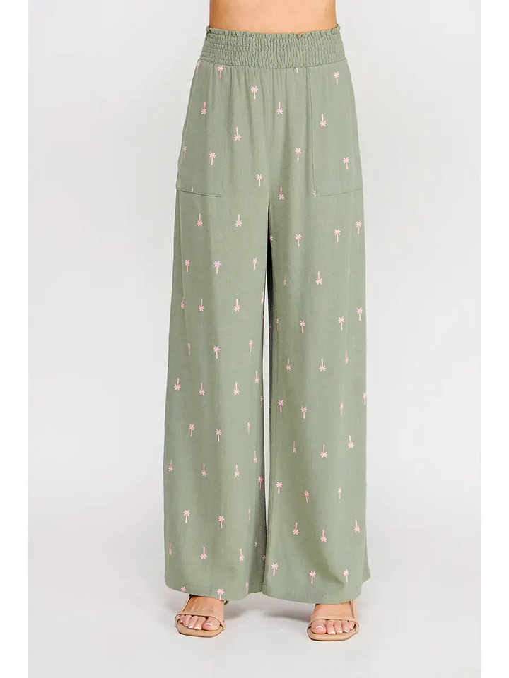 SMOCKED LINEN WIDE LEG PANT