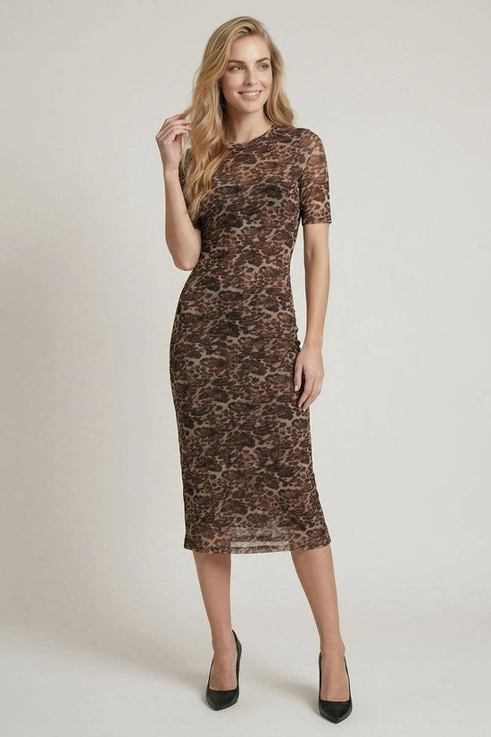Brown leopard mesh short-sleeve midi dress - front view