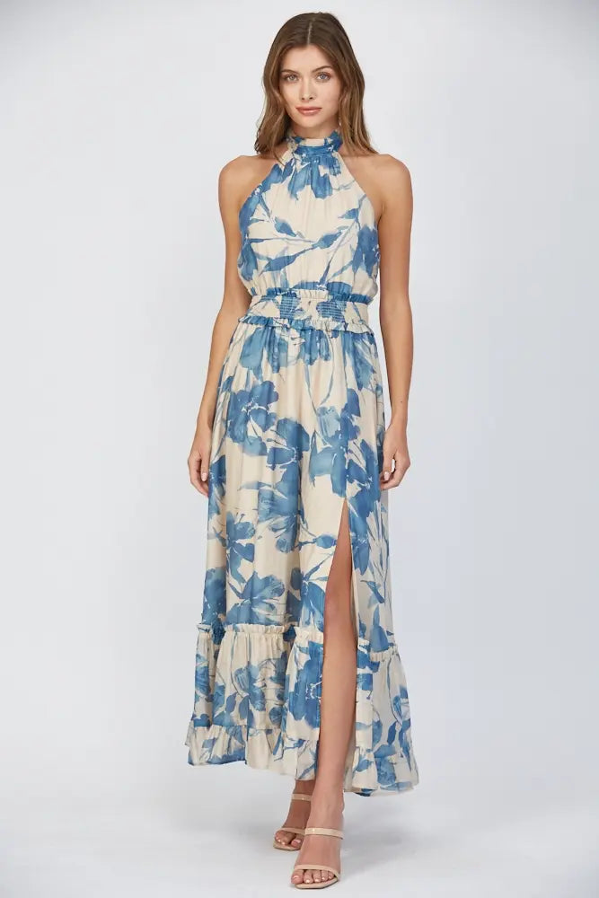BOLD FLORAL PRINT HALTER MAXI DRESS