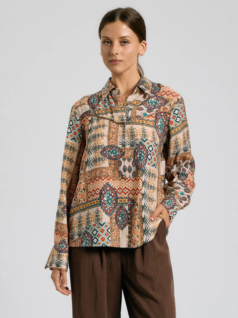 Front view of taupe patchwork-print button-up shirt
