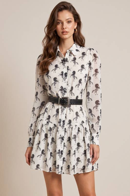 White / Black Horse-Print Belted Midi Dress - back view