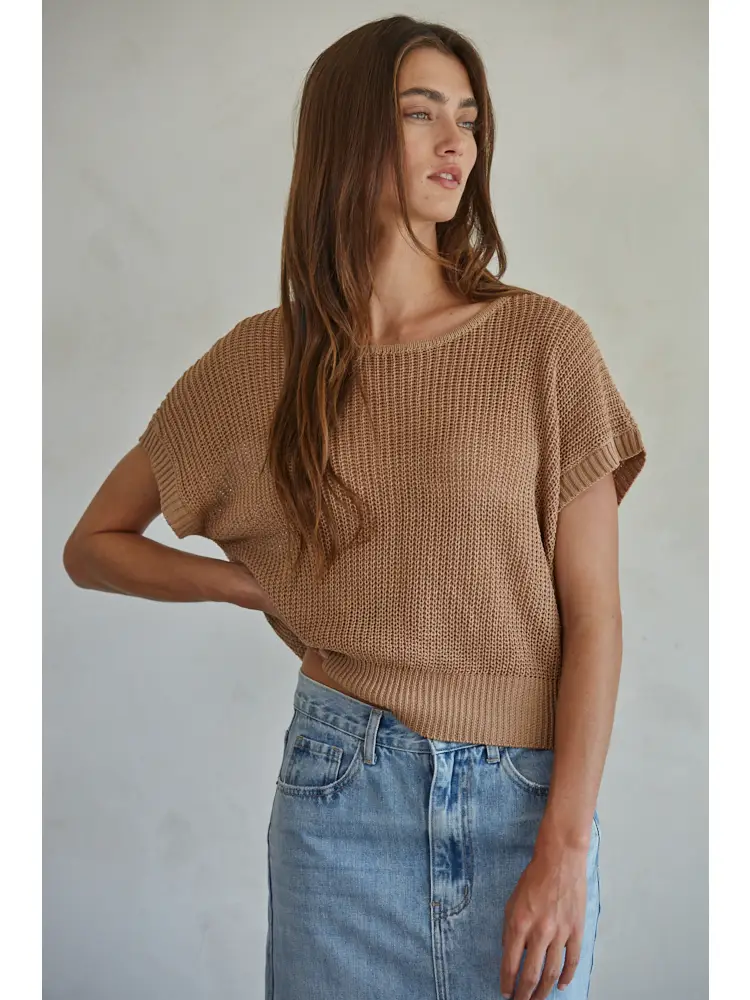 KNIT SHORT SLEEVE OPEN KNIT SWEATER