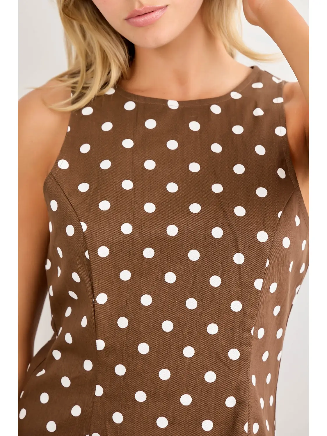 Close-up of the round neckline and polka-dot print