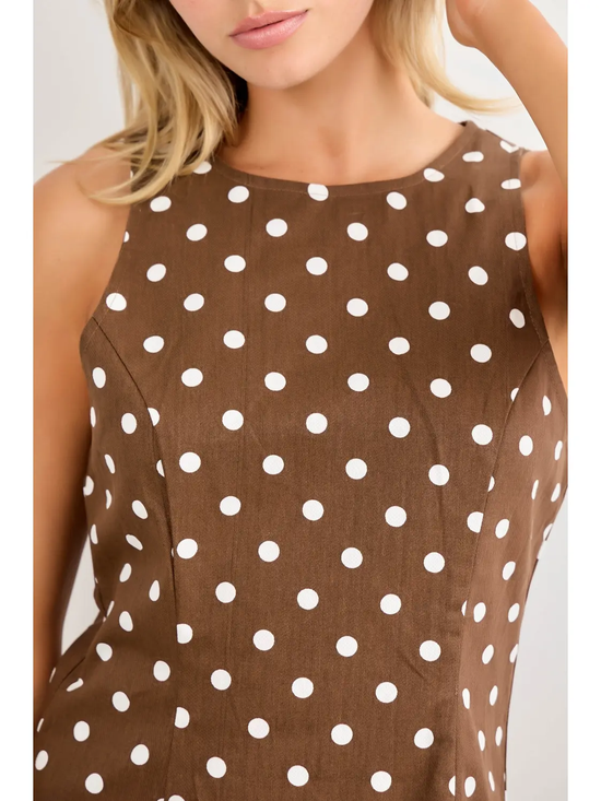 Close-up of the round neckline and polka-dot print