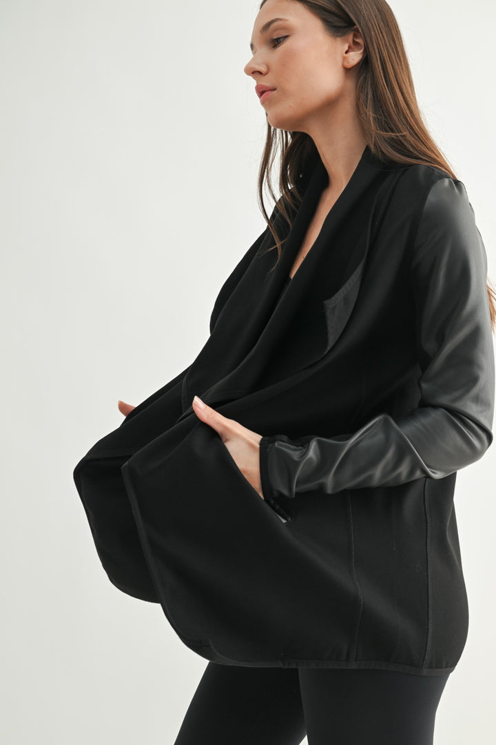 WATERFALL FAUX LEATHER CARDIGAN