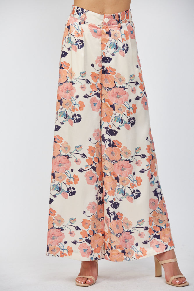 FLORAL SATIN WIDE LEG PANT