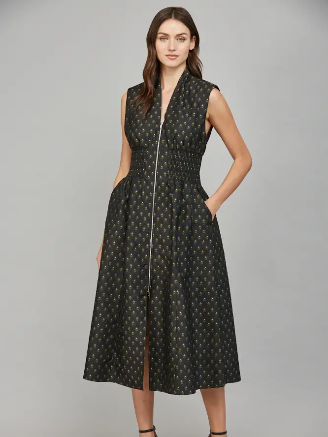 V-NECK FRONT ZIP MIDI DRESS