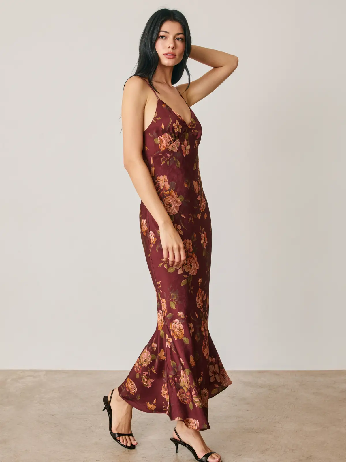 Red Floral Open-Back Maxi Dress - back view