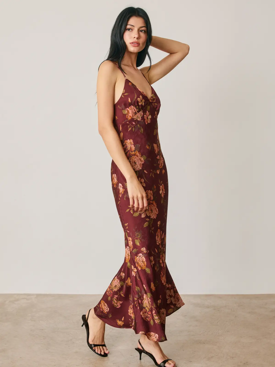 Red Floral Open-Back Maxi Dress - back view