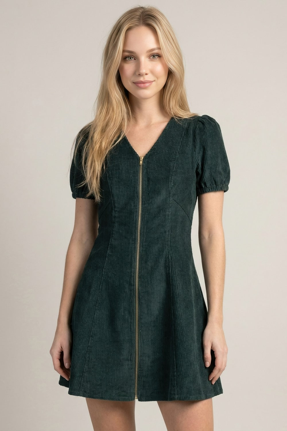 Corduroy Zip-Front Mini Dress in forest green - view 1