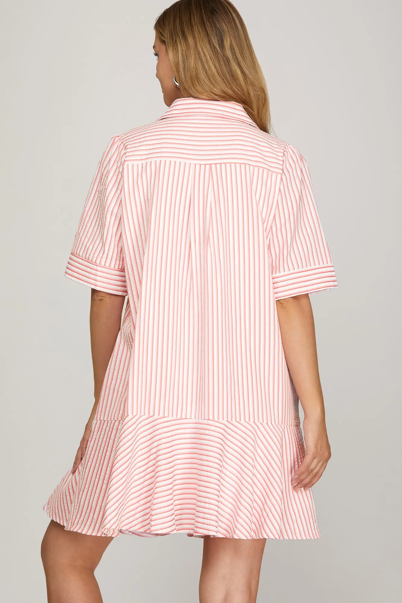SHE & SKY Striped Pocket Mini Dress in pink and white - detail view