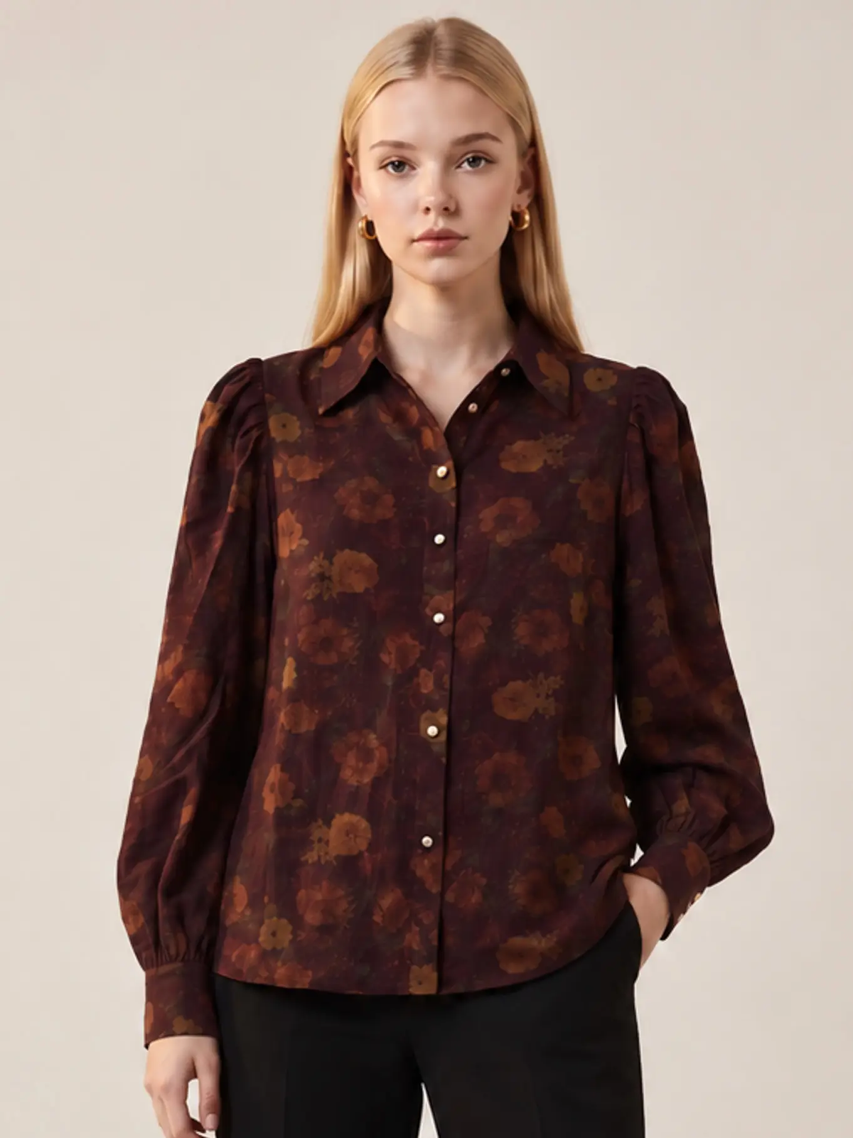 Burgundy floral button-up blouse front view with puff sleeves
