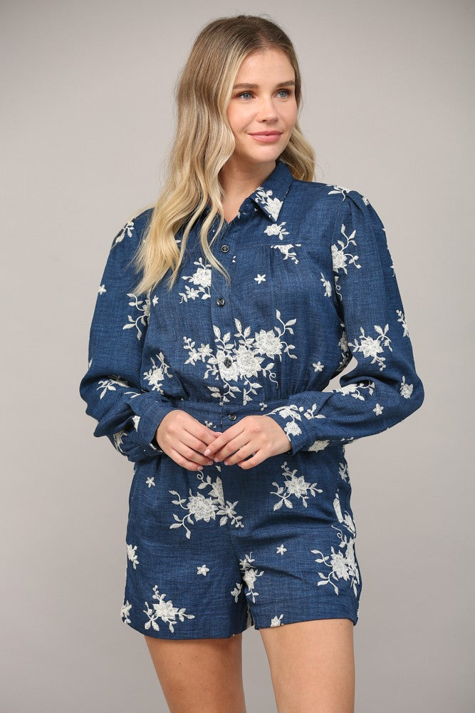 Embroidered Button-Up Romper