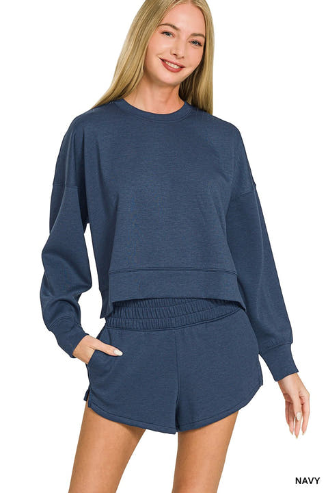 Navy cloud-fleece sweatshirt and shorts matching set