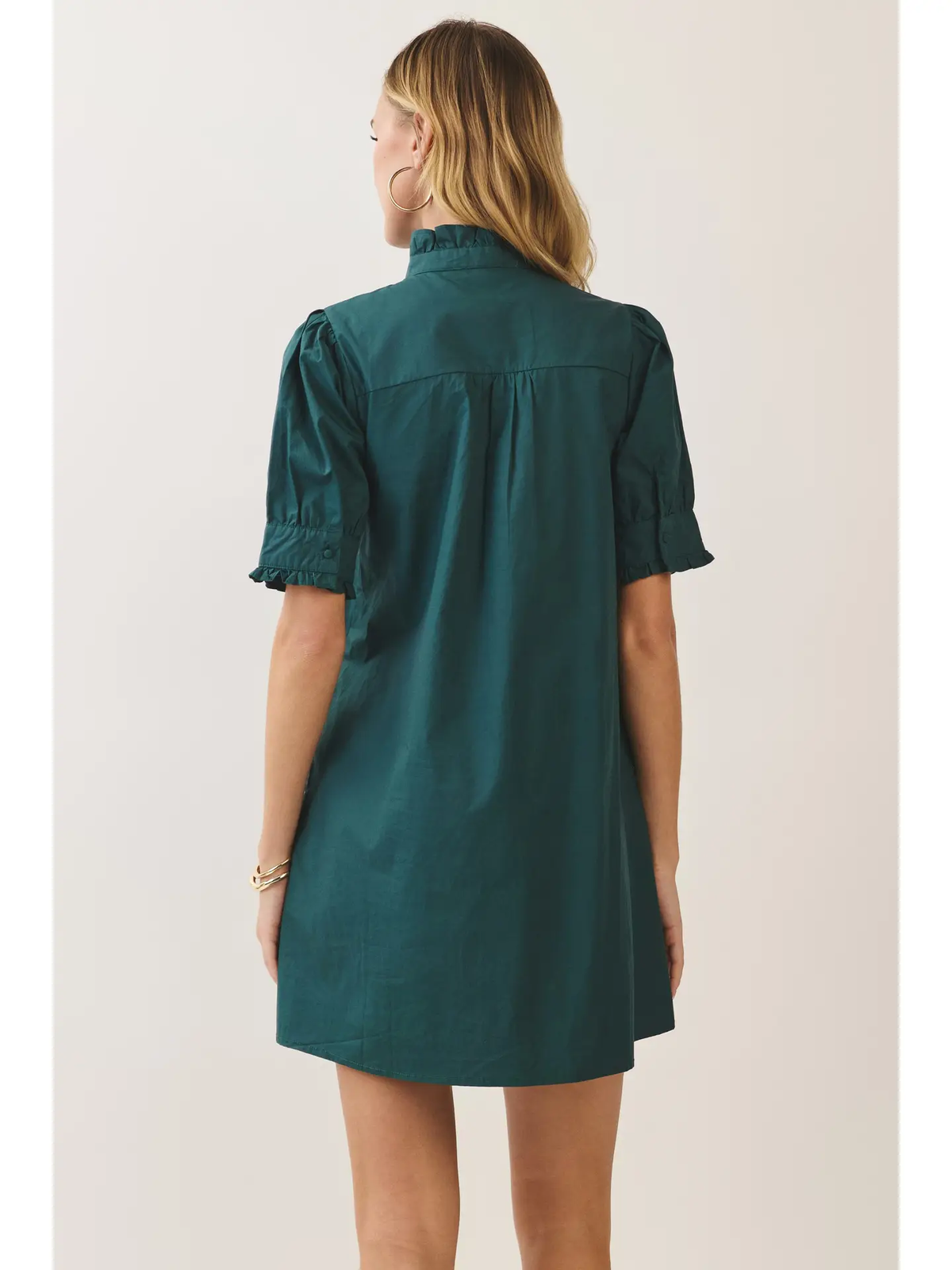 Hunter-green ruffle-collar puff-sleeve mini dress - back view