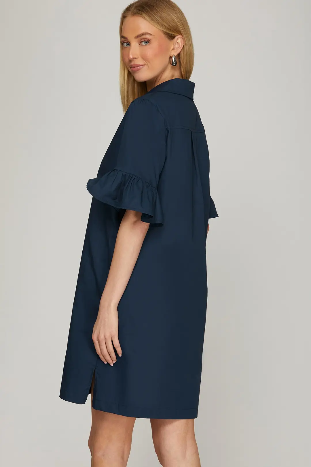 Navy bell sleeve shift dress, back view