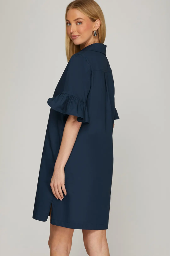Navy bell sleeve shift dress, back view