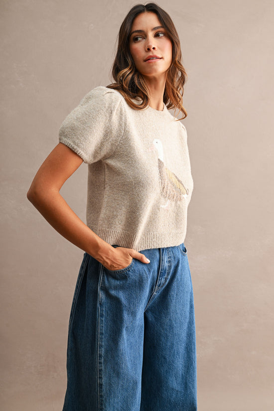 Mocha duck-graphic short-sleeve sweater, front view
