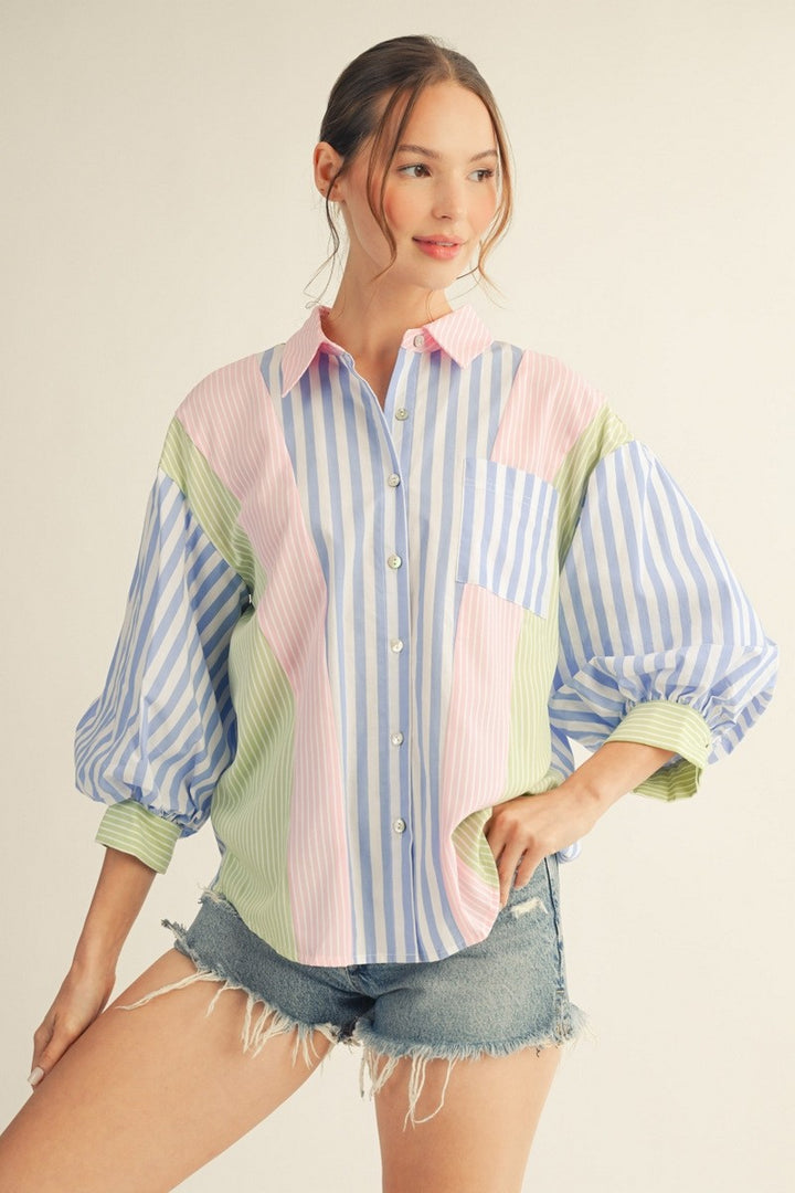 MIX MATCH STRIPE BUTTON DOWN TOP