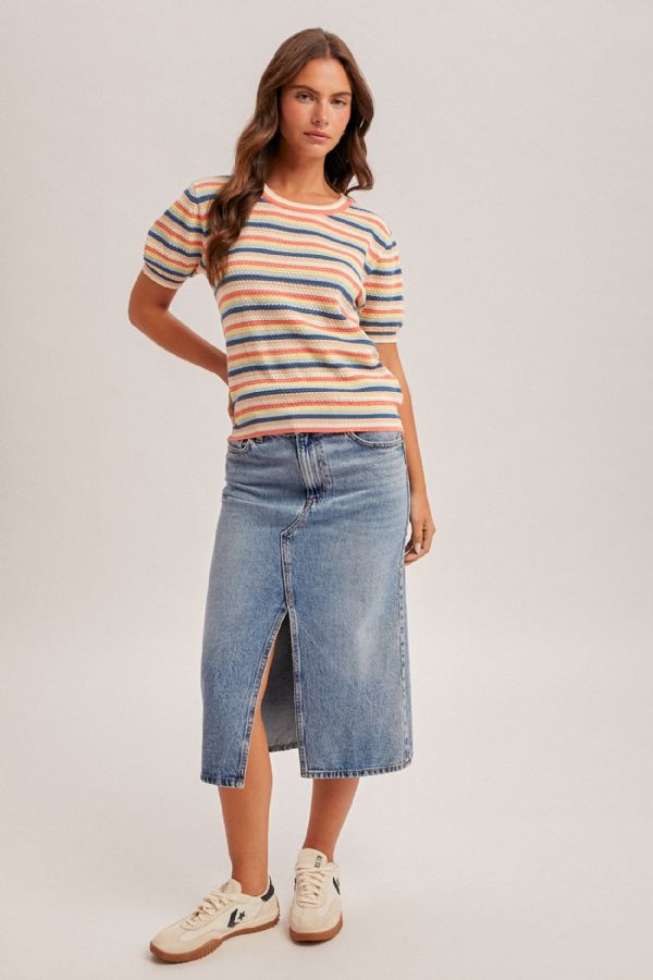 STRIPED POINTELLE KNIT TOP