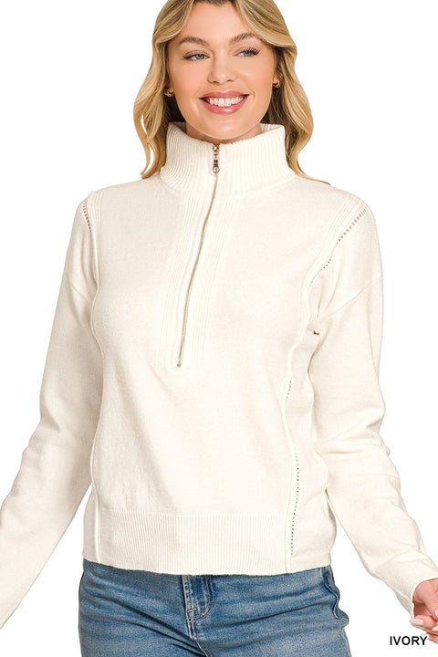 Ivory half-zip high-neck long-sleeve sweater front view