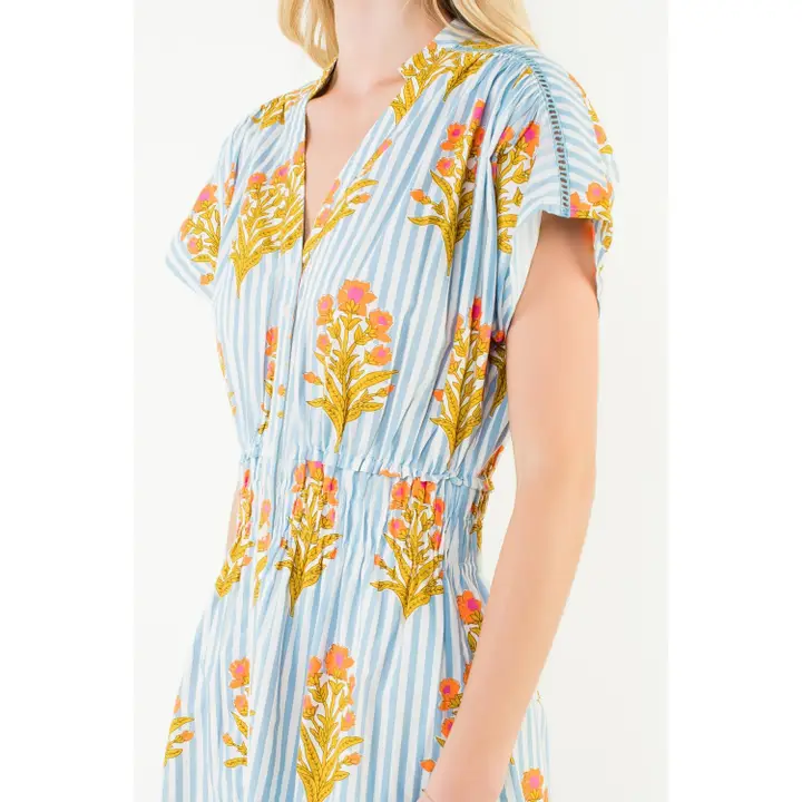 FLORAL & BLUE STRIPED MIDI DRESS