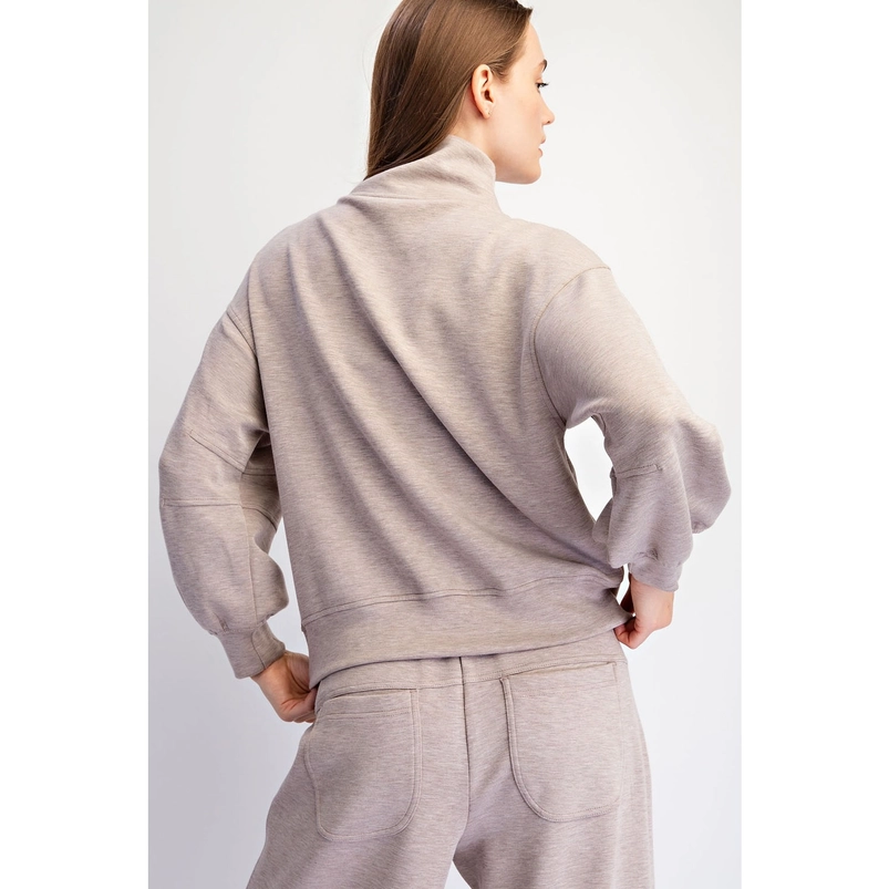 Taupe pullover styled with coordinating wide-leg pants