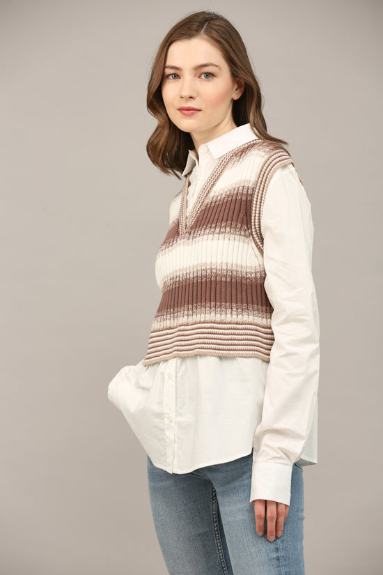 White shirt with brown knit vest overlay, front view