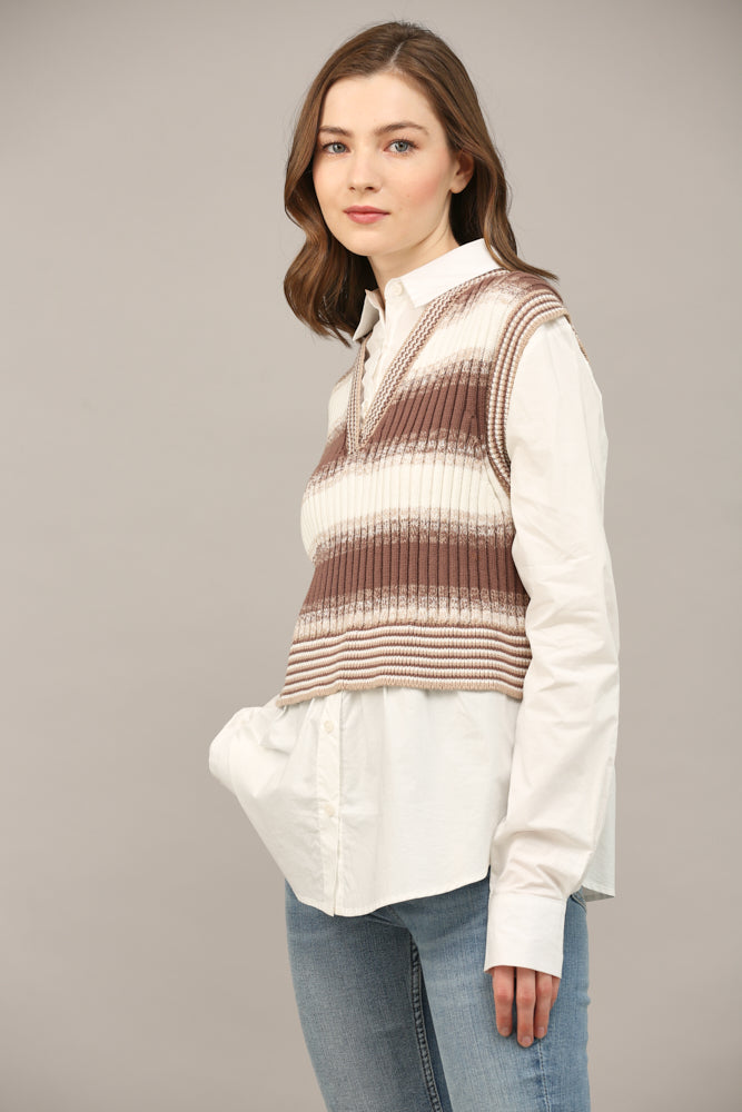 White shirt with brown knit vest overlay, front view