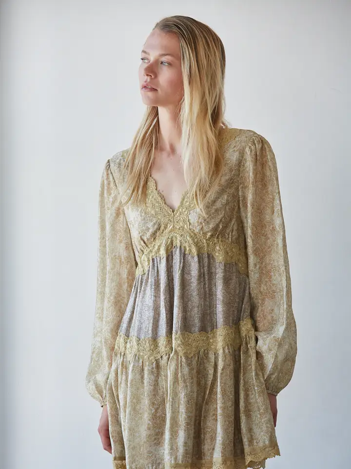 Mustard floral lace-trim mini dress, front view