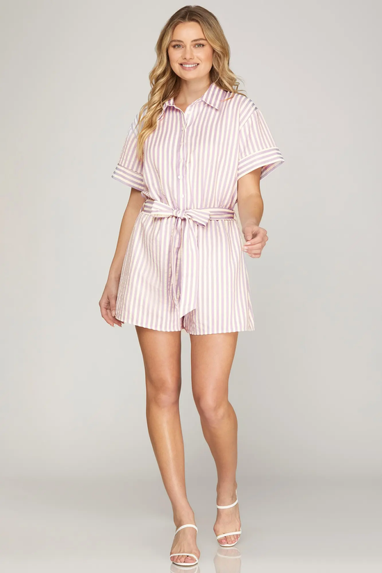 SHE & SKY Striped Button-Down Romper in lilac and white - view 5
