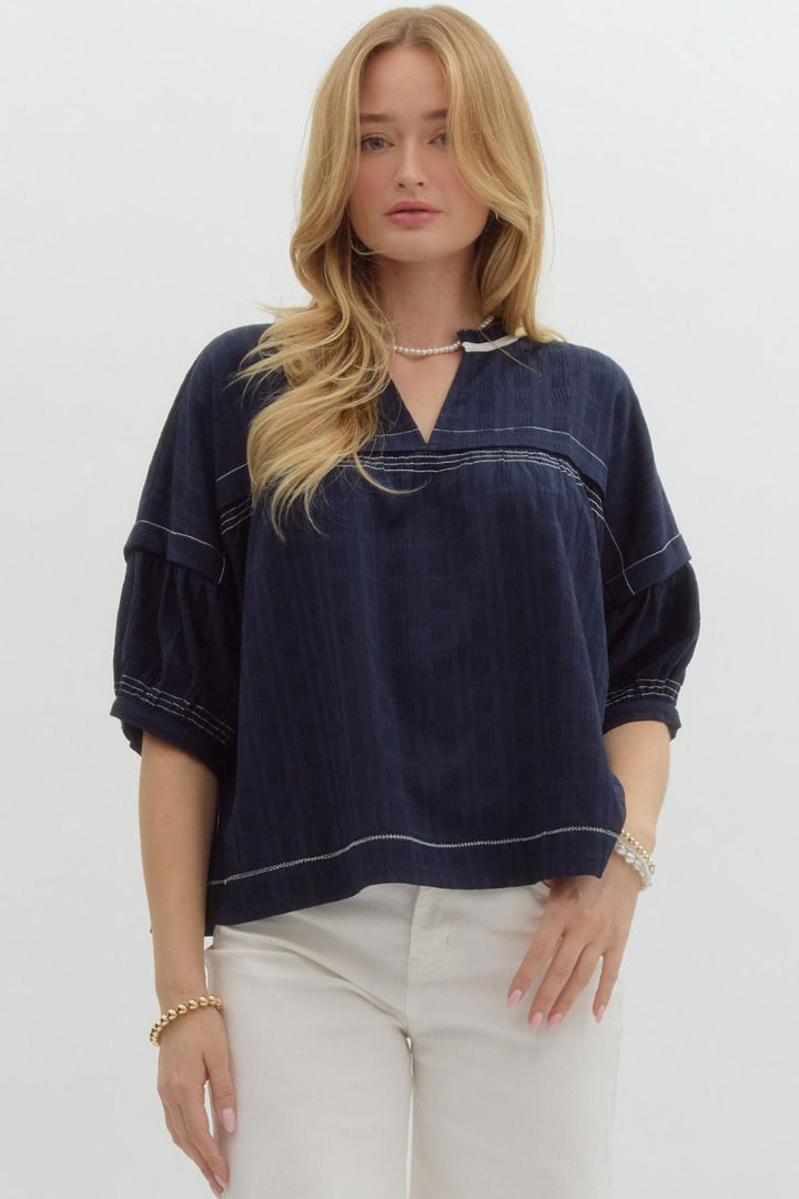 Navy Blouse with White Stitch Detail