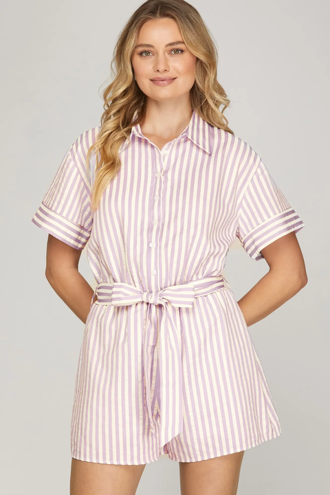 SHE & SKY Striped Button-Down Romper in lilac and white - view 2