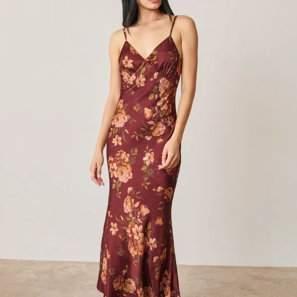 Red Floral Open-Back Maxi Dress - front view