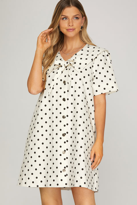 Off-white and black polka-dot collared mini dress - product image 1