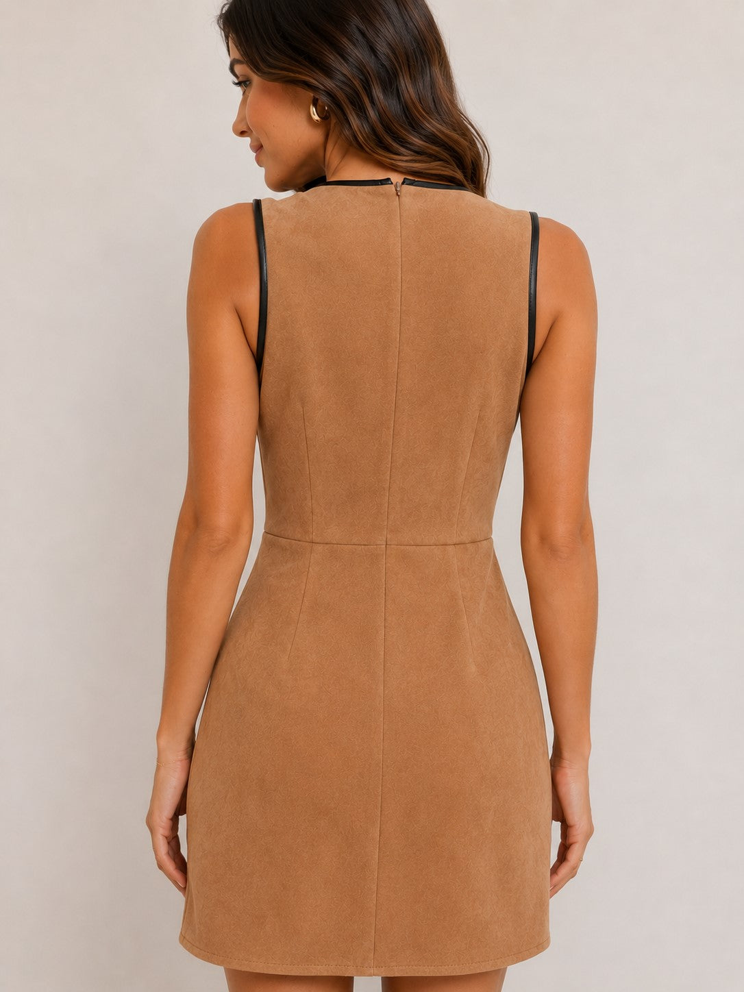 Light brown bow-detail suede-look mini dress