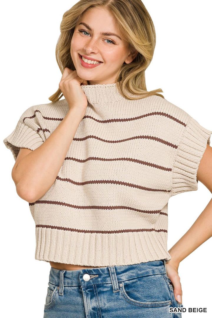 Sand-and-beige short-sleeve striped mock-neck sweater